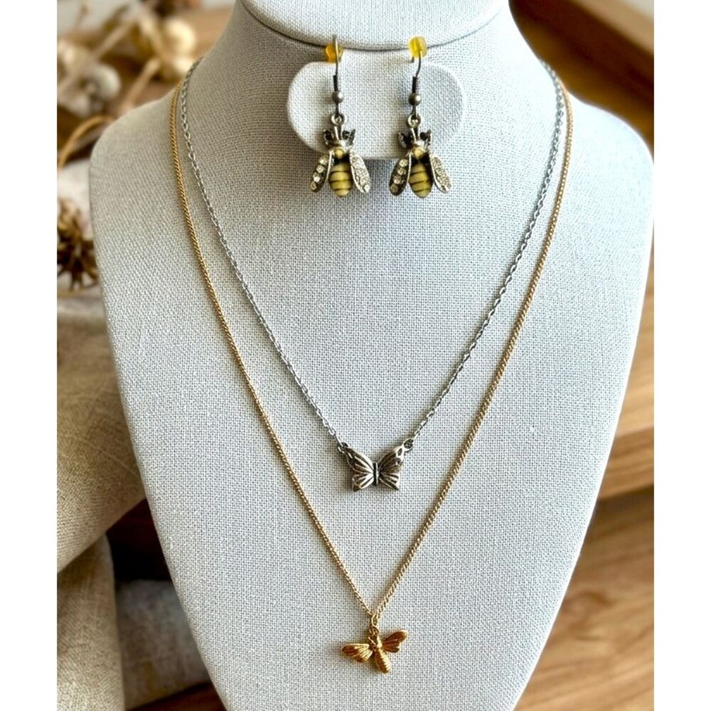 Time and Tru Bee & Butterfly Necklace & Earrings Jewelry Set • 3-Piece Lot